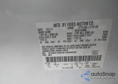 2014 Ford Explorer из США, поврежденный, VIN 1FM5K7B83EGB84520